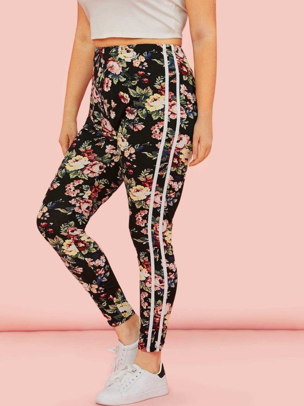 SHEIN Plus Tape Side Floral Print Leggings