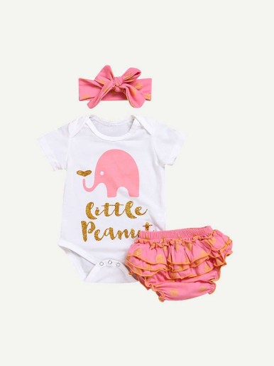 Toddler Girls Letter Print Romper And Ruffle Shorts Set With Headband