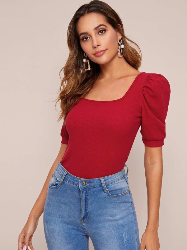 SheIn Women's Short Puff Sleeve Square Neck Crop Kuwait