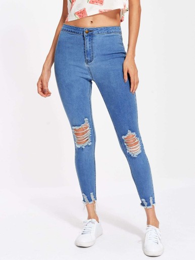 SHEIN Raw Cut Hem Shredded Jeans