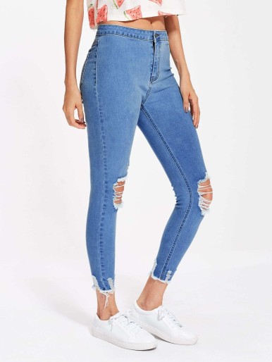 SHEIN Raw Cut Hem Shredded Jeans