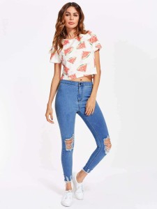 SHEIN Raw Cut Hem Shredded Jeans