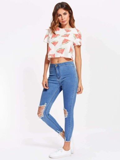 SHEIN Raw Cut Hem Shredded Jeans