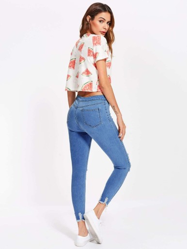 SHEIN Raw Cut Hem Shredded Jeans