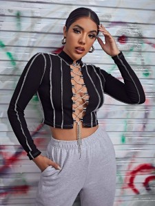 SHEIN Rhinestone Lace Up Crop Top