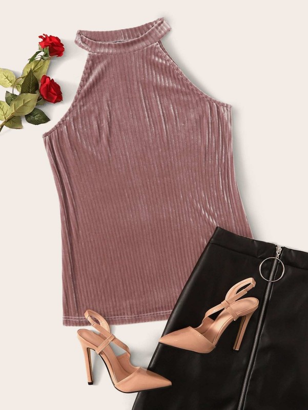 SHEIN Ribbed Velvet Halter Top