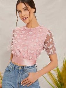 SHEIN Ribbon Tied Open Back 3D Butterfly Applique Mesh Overlay Top