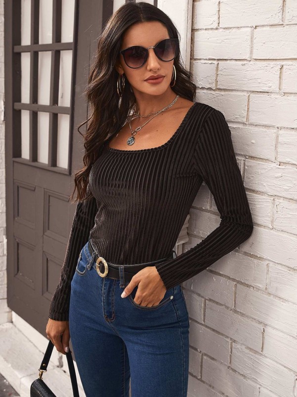 SHEIN Rib-knit Solid Velvet Tee