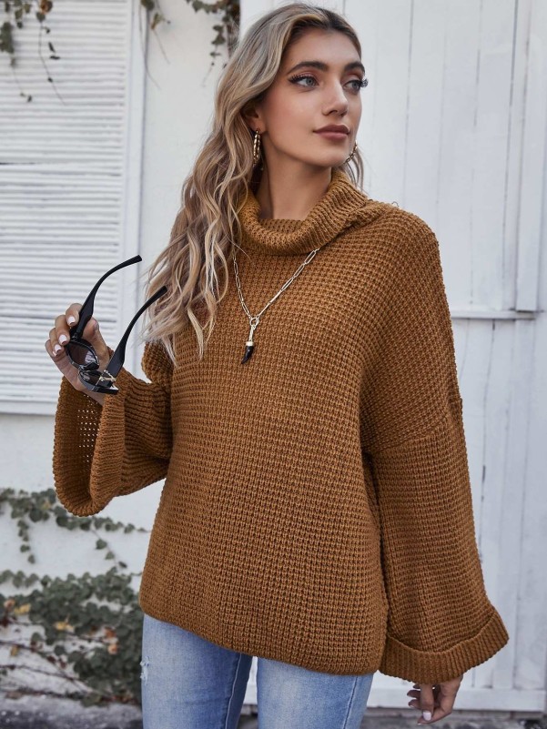 SHEIN Rolled Sleeve Waffle Knit Sweater