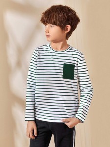 Boys' striped stitched pocket T-shirt