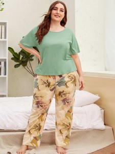 Plus Drop Shoulder Tee & Floral Pants PJ Set