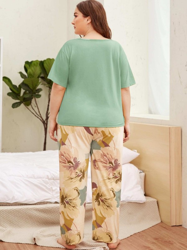 Plus Drop Shoulder Tee & Floral Pants PJ Set