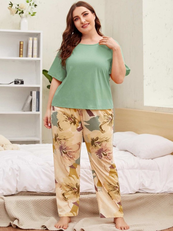 Plus Drop Shoulder Tee & Floral Pants PJ Set