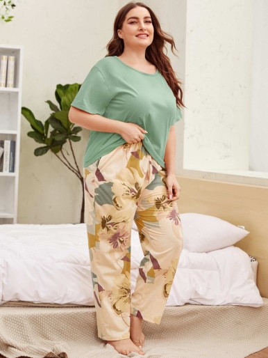 Plus Drop Shoulder Tee & Floral Pants PJ Set