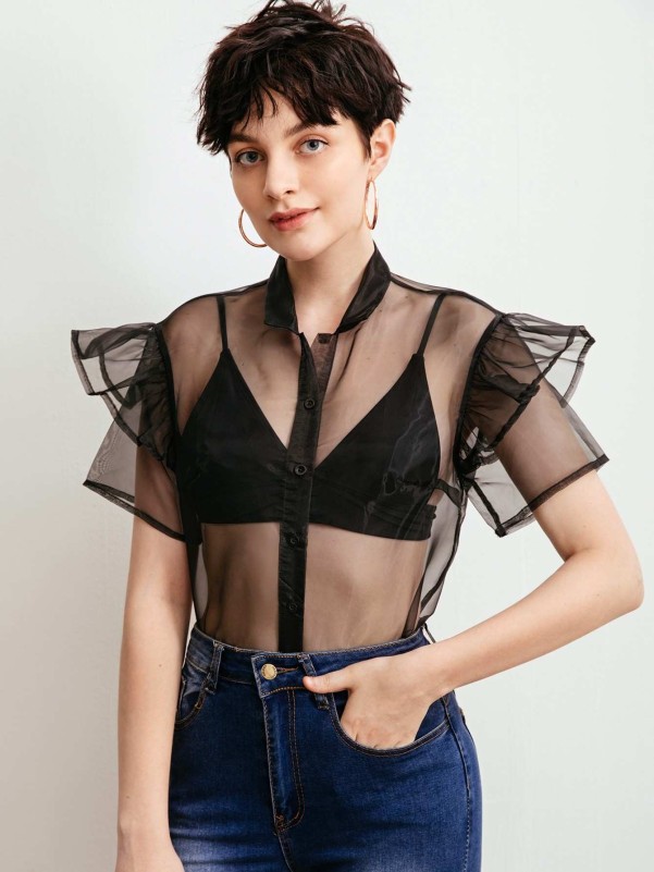 Lace Up Front Crop Organza Top Without Bra