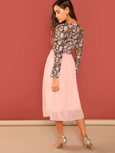 Floral Embroidered Top Combo Midi Dress