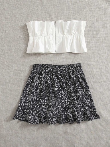 SHEIN Ruffle Trim Tube Top & Allover Print Skirt Set