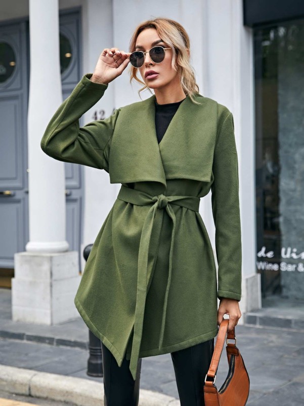 SHEIN Self Belted Solid Waterfall Overcoat