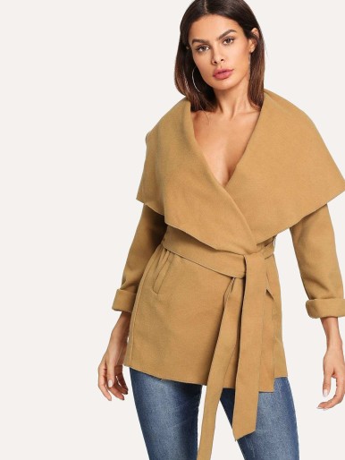 SHEIN Self Belted Waterfall Collar Coat