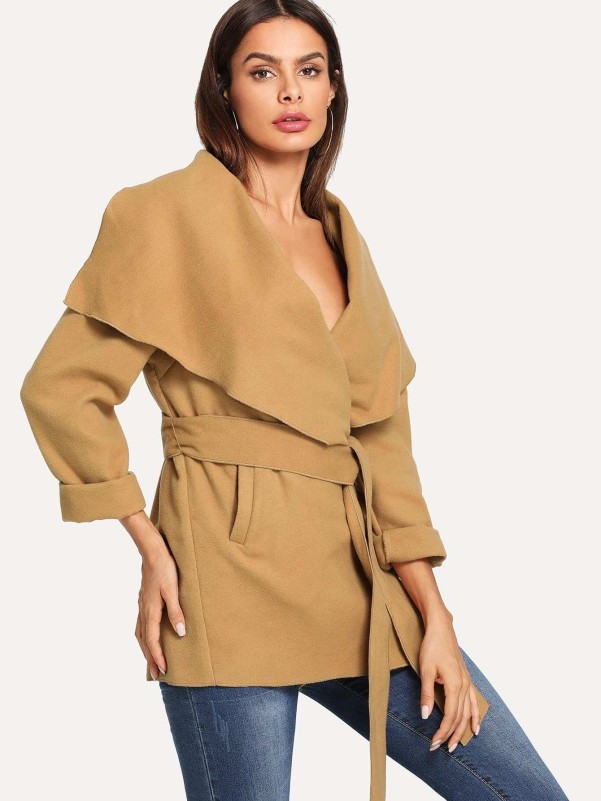 SHEIN Self Belted Waterfall Collar Coat