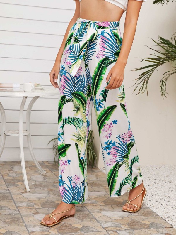 Shein Self Belted Wide Leg Tropical Print Pants 