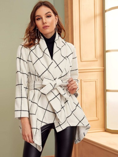 SHEIN Shawl Collar Asymmetrical Hem Plaid Belted Coat