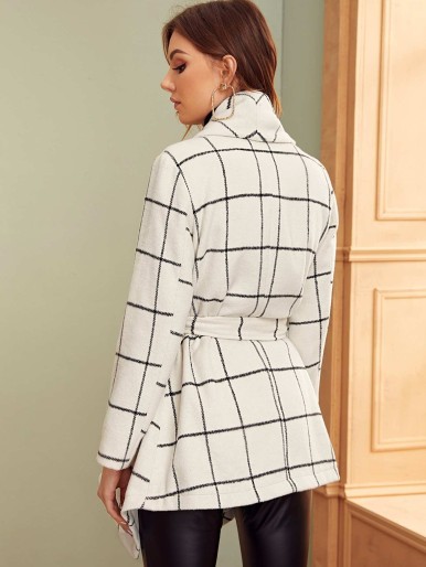 SHEIN Shawl Collar Asymmetrical Hem Plaid Belted Coat