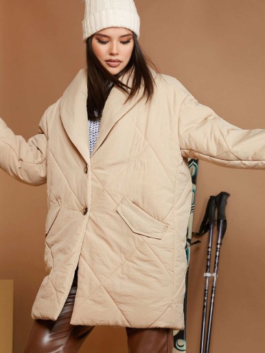 SHEIN Shawl Collar Buttoned Front Flap Detail Puffer Coat