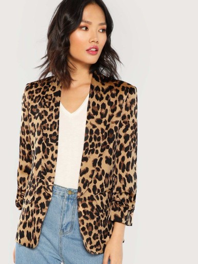 SHEIN Shawl Collar Gathered Sleeve Leopard Blazer