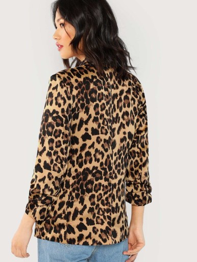 SHEIN Shawl Collar Gathered Sleeve Leopard Blazer