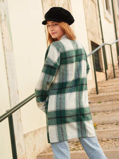 SHEIN Shawl Collar Pocket Detail Plaid Coat