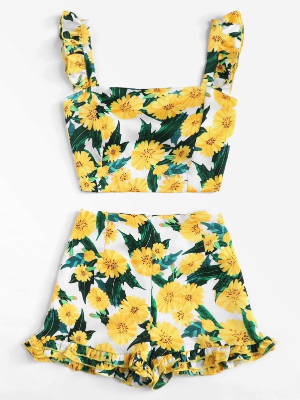 Sunflower Print Ruffle Strap Top & Shorts Set