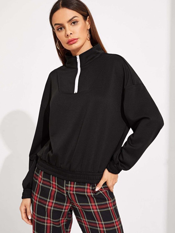 Elastic Hem Zip Mock-neck Pullover