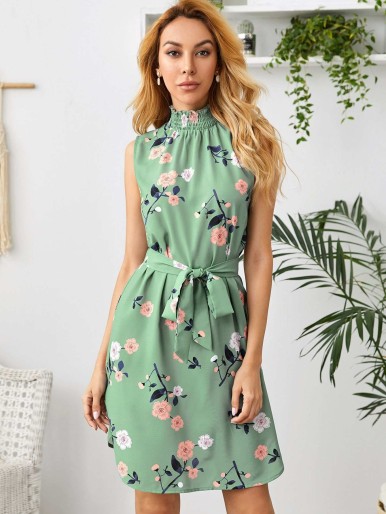 SHEIN Shirred Neck Curved Hem Self Belted Floral Dress