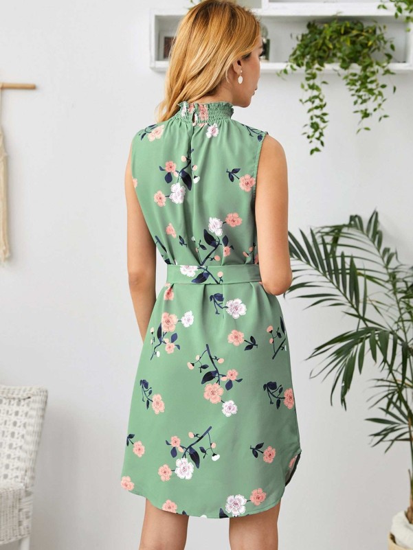 SHEIN Shirred Neck Curved Hem Self Belted Floral Dress