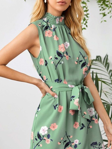 SHEIN Shirred Neck Curved Hem Self Belted Floral Dress