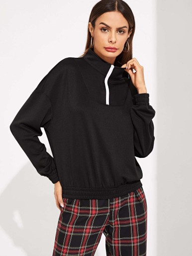 Elastic Hem Zip Mock-neck Pullover