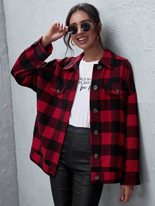 SHEIN Single Breasted Flap Detail Buffalo Plaid Coat