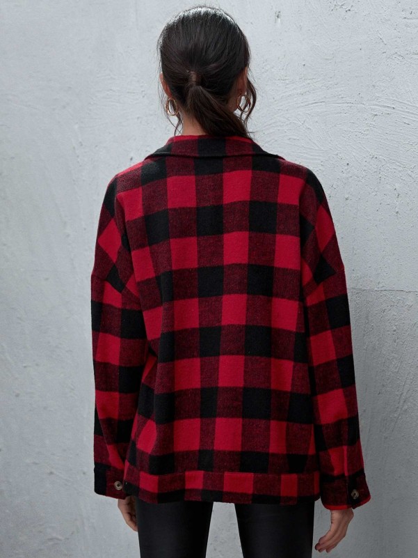 SHEIN Single Breasted Flap Detail Buffalo Plaid Coat