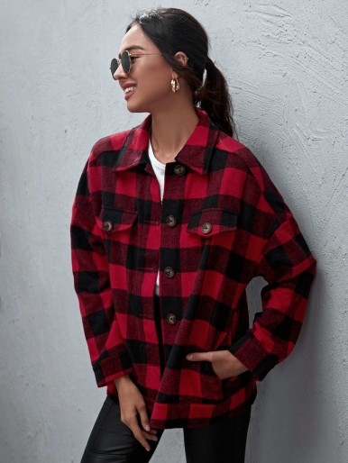 SHEIN Single Breasted Flap Detail Buffalo Plaid Coat