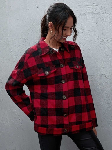 SHEIN Single Breasted Flap Detail Buffalo Plaid Coat