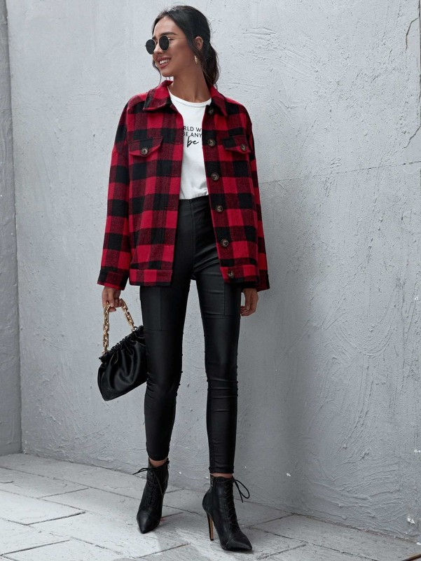 SHEIN Single Breasted Flap Detail Buffalo Plaid Coat