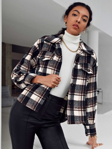 SHEIN Single Breasted Flap Detail Plaid Coat