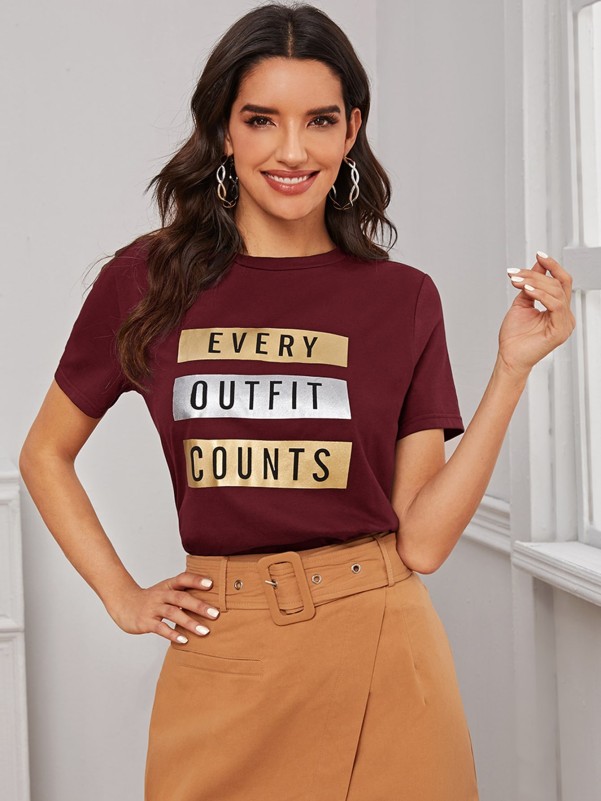 SHEIN Slogan Graphic Metallic Panel Tee