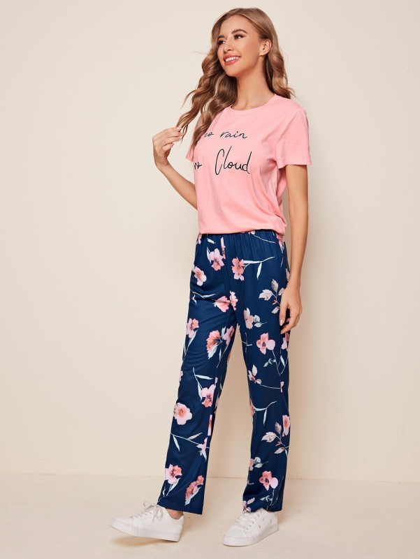 Slogan & Floral Print Jeans