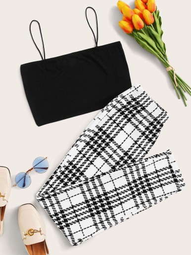 SHEIN Solid Cropped Cami Top & Plaid Leggings Set