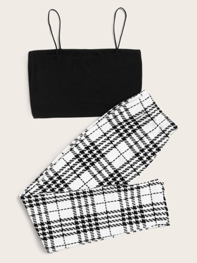 SHEIN Solid Cropped Cami Top & Plaid Leggings Set