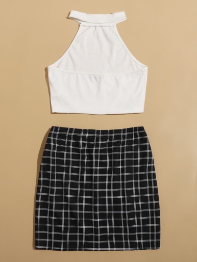 SHEIN Solid Halter Top & Split Hem Plaid Skirt Set