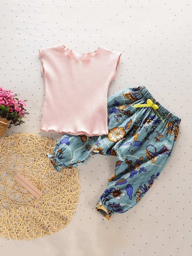 Toddler Girls Frill Ribbed Top & Floral Print Pant