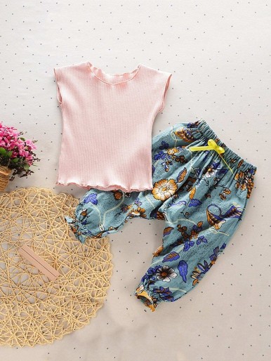 Toddler Girls Frill Ribbed Top & Floral Print Pant